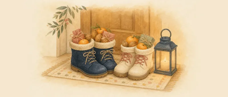 Geputzte Stiefel mit Nüssen, Mandarinen und kleinen Päckchen vor einer Tür am Nikolaustag