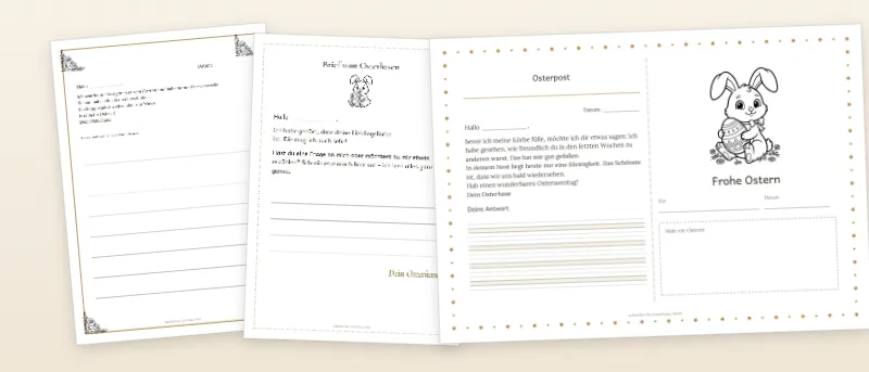 Brief vom Osterhasen: Klassischer Briefbogen mit Karottenrahmen, Brief mit Lücken zum Ausfüllen und Mini-Brief fürs Osternest als Faltkarte