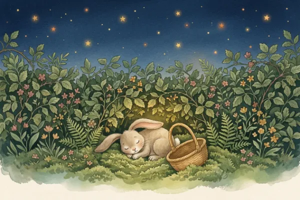 Osterhase Nilo schläft müde im weichen Moos unter einer Hecke, über ihm funkeln Sterne