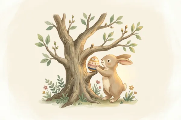Junger Osterhase Oskar legt ein buntes Ei in eine Astgabel des alten Baumes