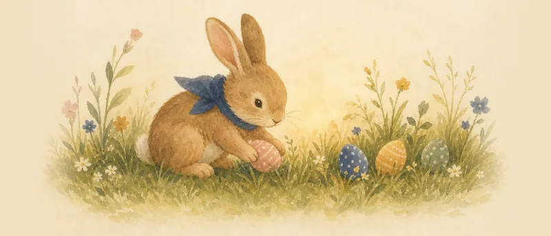 Osterhasen-Geschichte zum Vorlesen: Ein Osterhase versteckt bunte Eier in einer Wiese voller Frühlingsblüten