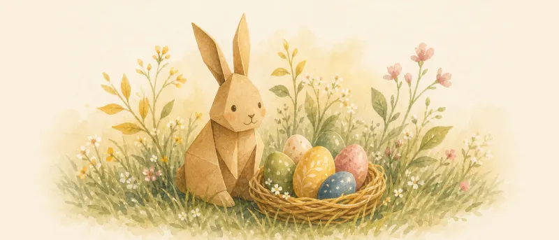 Osterhase aus Tonpapier neben einem Nest mit bunten Ostereiern im Frühlingsgras