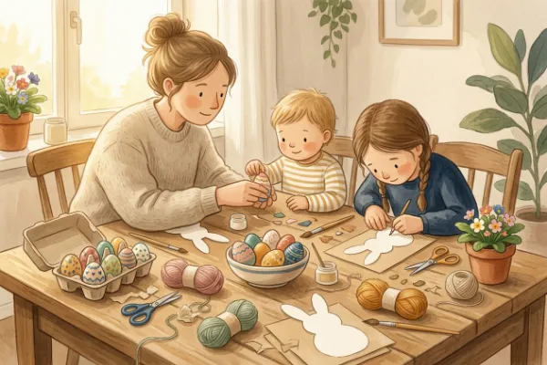 Bastelmaterial für Ostern mit Kindern: bunte Eier, Wolle und Vorlagen zum Basteln auf einem Holztisch