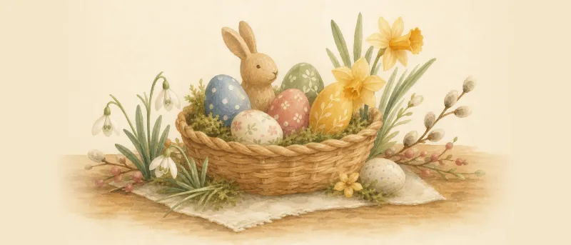 Ostern mit Kindern: bemalte Ostereier und ein Osterkörbchen mit Hasenfigur auf einem Holztisch