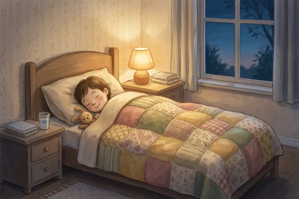 Kind hört abends im Bett eine ruhige Hörgeschichte mit seinem Namen