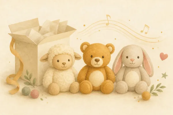 Plüschtiere Schaf, Bär und Hase als Geschenkset für eine Hörgeschichte