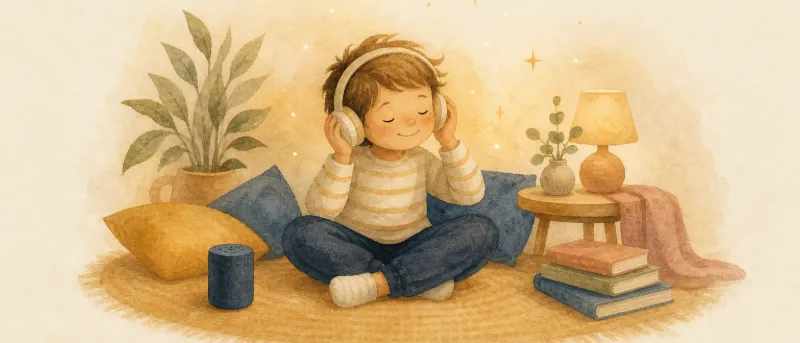Kind mit Kopfhörern hört ein personalisiertes Kinderbuch als Hörgeschichte mit seinem Namen