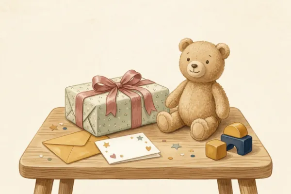 Gutschein für ein personalisiertes Kinderbuch zum 1. Geburtstag mit liebevoll verpacktem Geschenk und Teddybär
