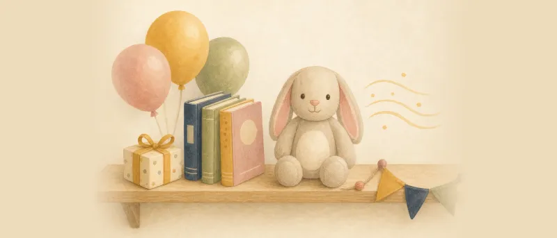 Personalisiertes Kinderbuch 1 Jahr: Plüschhase mit Hörgeschichte neben Bilderbüchern und einem Geschenk auf einem Holzregal