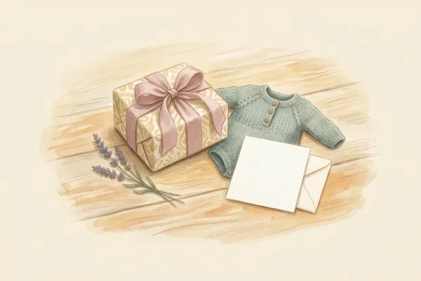 Geschenk mit Schleife, Karte und Babystrampler auf einem Holztisch – Geschenkidee und personalisiertes Kinderbuch zur Geburt