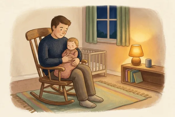 Vater wiegt Kleinkind im Schaukelstuhl im Kinderzimmer – personalisiertes Kinderbuch zur Geburt als Hörgeschichte