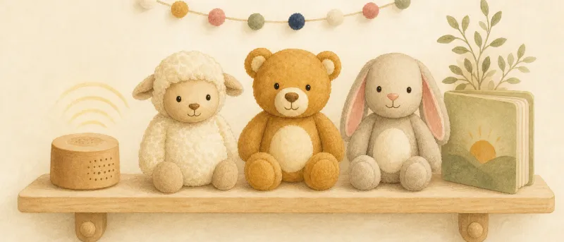 Kuscheltiere Schaf, Bär und Hase neben Lautsprecher und Buch – personalisiertes Kinderbuch zur Geburt als Hörgeschichte mit Namen