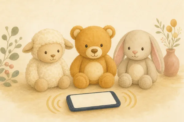 Plüschtier Schaf, Bär und Hase neben einem Smartphone, auf dem eine Hörgeschichte läuft – Hörgeschichte mit Plüschtier für Geschwister.