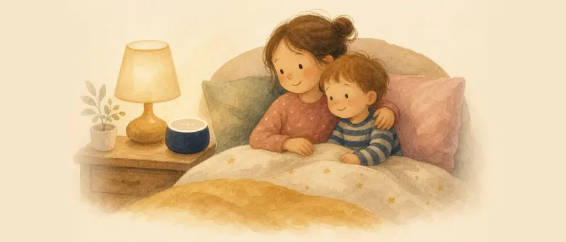 Zwei Geschwisterkinder hören abends im Bett gemeinsam eine Hörgeschichte – personalisiertes Kinderbuch für Geschwister mit Namen.