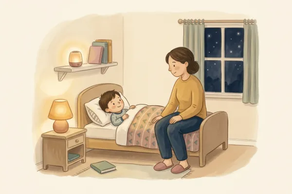 Ein Kind hört abends im Bett mit Mama oder Papa eine Geschichte – Personalisiertes Kinderbuch zur Taufe