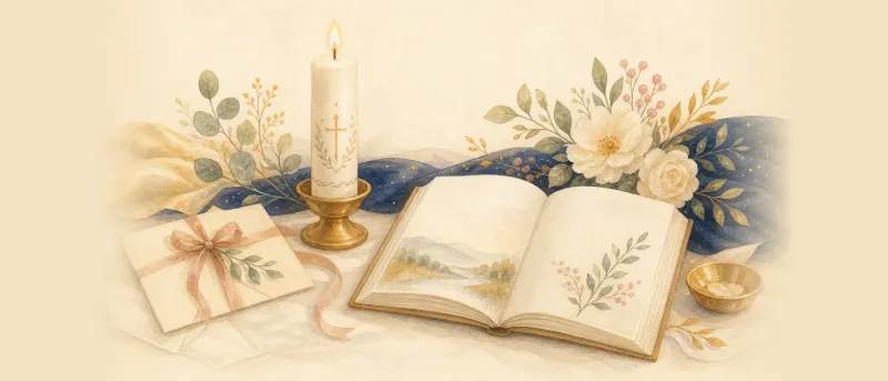 Festliche Tafel mit Taufkerze, Geschenk und offenem Bilderbuch – personalisiertes Kinderbuch zur Taufe.