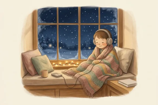 Ein Kind hört an einem Winterabend auf der Fensterbank eine Geschichte – Personalisiertes Kuscheltier