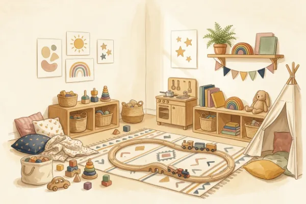 Gemütliches Kinderzimmer mit Spielzeug und Kuscheltier für ein Bilderrätsel ab 6 Jahren
