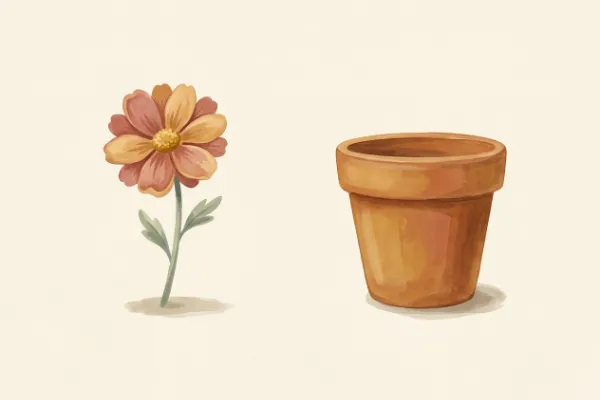 Rebus-Bilderrätsel mit einer Blume und einem Blumentopf nebeneinander für Kinder ab 8 Jahren
