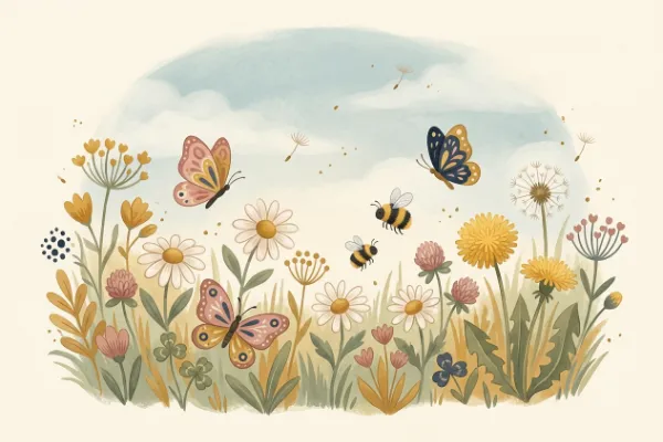 Bunte Blumenwiese mit Schmetterlingen und Bienen für ein leichtes Bilderrätsel ab 4 Jahren