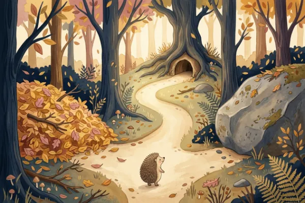 Gezeichnetes Irrgarten-Rätsel mit einem Igel, der den Weg zu seinem Bau sucht