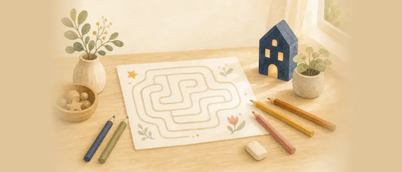 Titelbild: Ein Labyrinth für Kinder auf einem Blatt Papier, daneben Buntstifte und ein Radiergummi auf einem hellen Holztisch