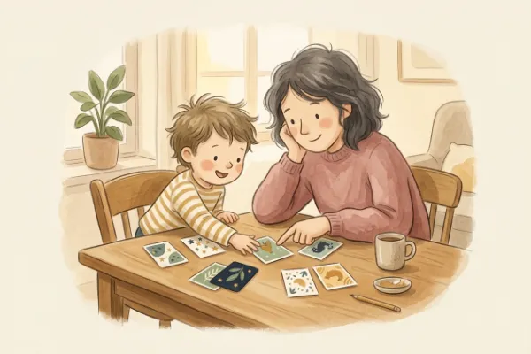 Rätsel mit Lösung: Kind und Erwachsener sitzen am Tisch und spielen gemeinsam mit bunten Bildkarten