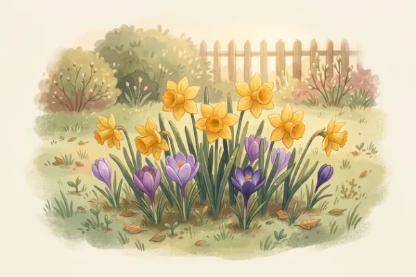 Osterglocken und Krokusse auf einer Wiese im Frühling – Frühlingsbild zu Osterrätseln