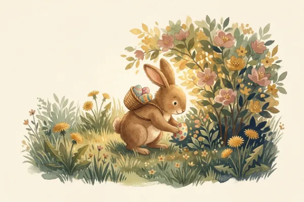 Gezeichneter Osterhase versteckt Ostereier hinter einem Busch – Illustration zu Osterrätseln für Kinder