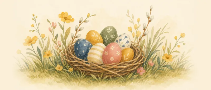 Osternest mit bunten Ostereiern auf einer sonnigen Frühlingswiese – Titelbild für Osterrätsel