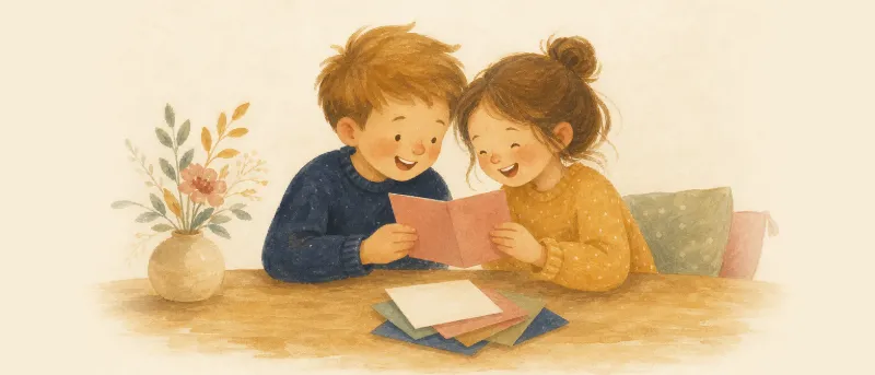 Zwei Kinder lachen über eine Karte mit Scherzfragen, daneben liegt ein Stapel Fragekarten – Titelbild für Scherzfragen mit Lösungen