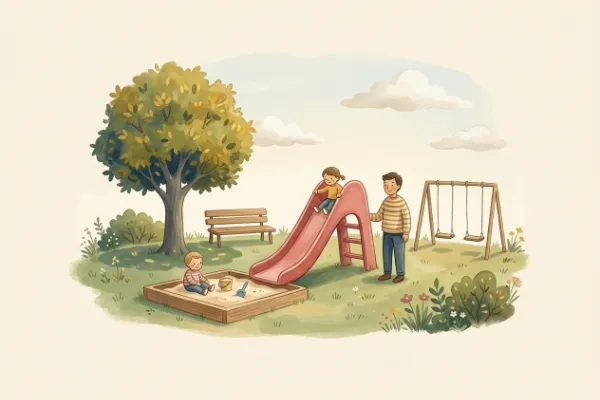 Sonniger Kinderspielplatz mit roter Rutsche und Sandkasten – fröhliche Kulisse für Suchbilder für Kinder ab 4.