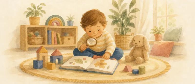 Kind mit Lupe betrachtet ein Bilderbuch auf dem Teppich – liebevolle Illustration für Suchbilder für Kinder.