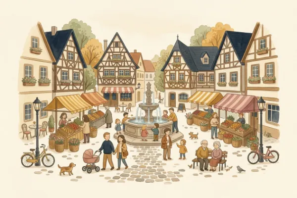 Detailreicher Stadtplatz mit Brunnen und Marktständen – lebendiges Wimmelbild als Vorlage für Suchbilder ab 10.