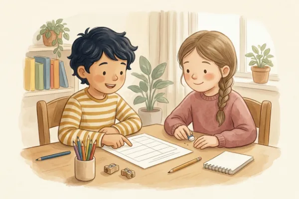 Zwei Grundschulkinder sitzen am Schreibtisch und lösen gemeinsam und fröhlich ein Sudoku für Kinder.