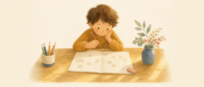 Sudoku für Kinder: Ein Kind sitzt am Holztisch vor einem Rätselgitter mit buntem Stift und Radiergummi.