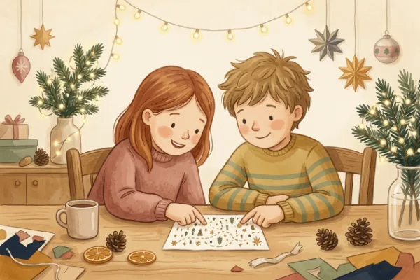 Zwei Grundschulkinder lösen gemeinsam Weihnachtsrätsel an einem adventlich geschmückten Tisch