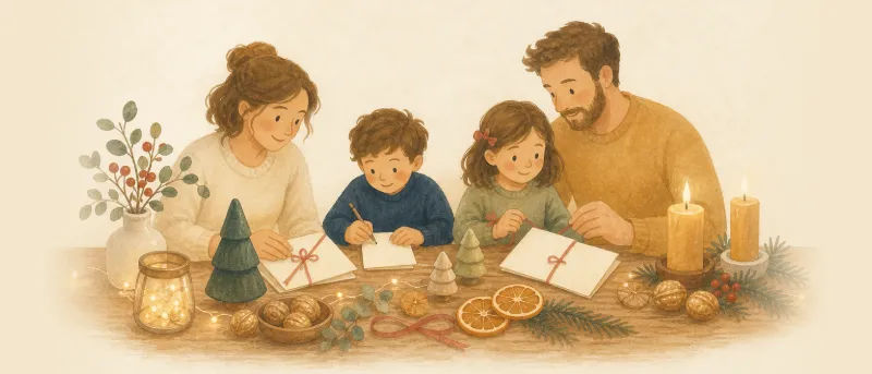 Weihnachtsrätsel für Kinder: Stapel Rätselkarten mit kleinen Tannenbäumen und Kerzen auf einem festlichen Holztisch