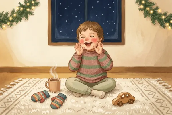 Fröhliches Kind übt lachend weihnachtliche Zungenbrecher im gemütlichen Zimmer bei Schneeflocken vor dem Fenster