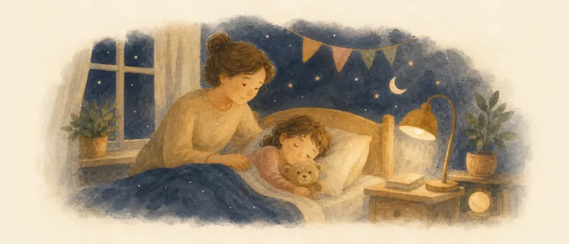 Albträume bei Kindern: warm beleuchtetes Kinderzimmer in der Nacht mit Kuscheltier im Bett – Ratgeber für Eltern