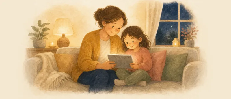 Erwachsene Person und Kind sitzen mit Tablet auf dem Sofa und schauen eine Kindersendung – Bildschirmzeit für Kinder im Familienalltag