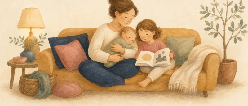 Großes Geschwisterkind sitzt mit einem Bilderbuch neben dem Baby auf dem Sofa – Titelbild zum Ratgeber über Eifersucht unter Geschwistern