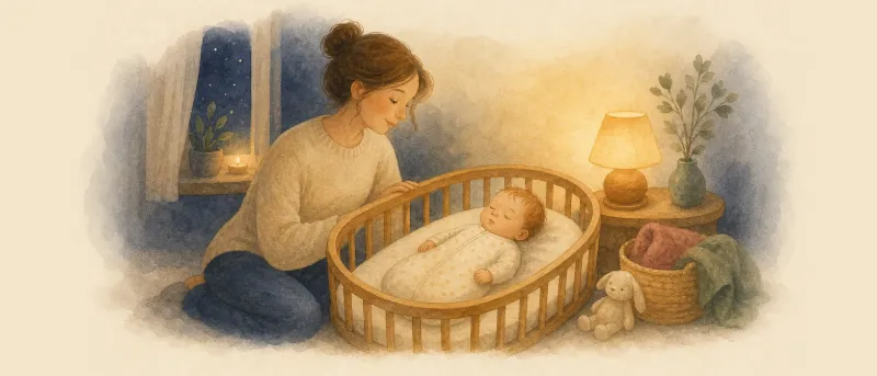 Einschlafbegleitung: Ein Elternteil sitzt im gedämpften Licht neben dem Bett und begleitet ein Kind in den Schlaf