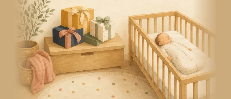 Geschenk zur Geburt: liebevoll verpackte Kleinigkeiten neben einem Babybett