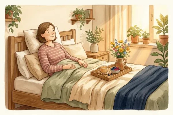Geschenk für die Mutter zur Geburt: Frühstückstablett mit Teetasse und Blumen am Bett
