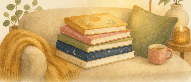 Bücher fürs Geschwisterkind: Stapel Bilderbücher auf einem Sofa neben einem Kissen