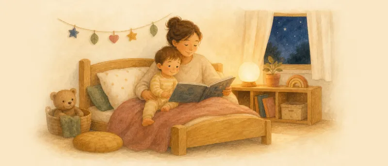 Ruhiges Kinderzimmer am Abend: Elternteil liest dem Kind im Bett eine Gutenachtgeschichte vor – Thema: Kind will nicht schlafen