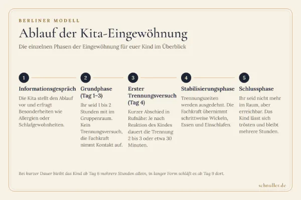 Infografik zum Ablauf der Kita-Eingewöhnung nach dem Berliner Modell vom Erstgespräch bis zur Schlussphase.