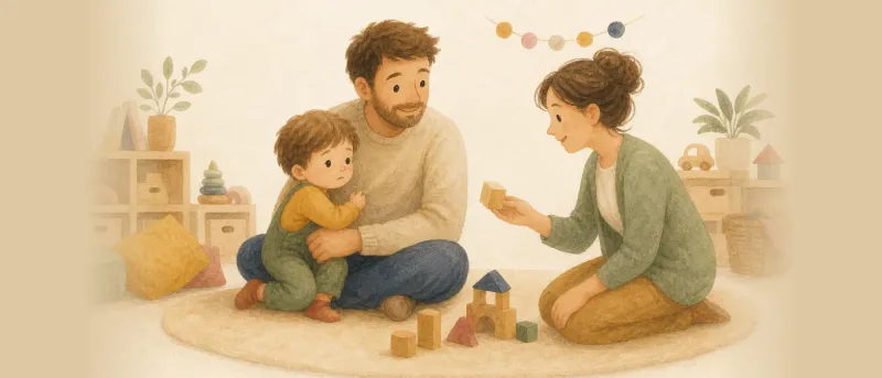 Kita-Eingewöhnung klappt nicht: Ein Kind sitzt mit einem Elternteil auf dem Boden im Gruppenraum, eine Erzieherin kniet freundlich daneben.