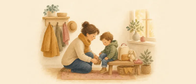 Kita-Garderobe: Elternteil bindet dem Kind die Schuhe neben Rucksack und Kuscheltier. Kita-Eingewöhnung: Wie lange dauert sie?